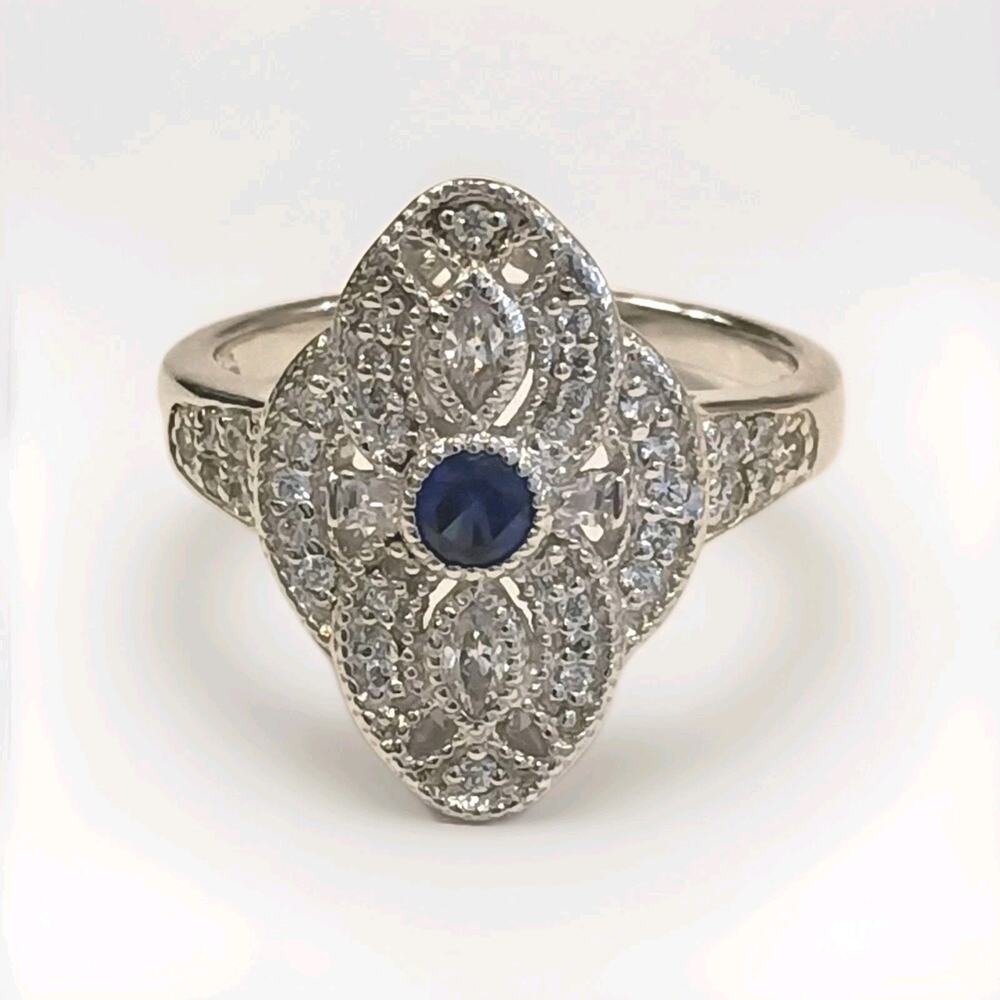 Sterling Silver 925 Art Deco Style Blue & Clear Stone Ring Size 7.5 Filigree New